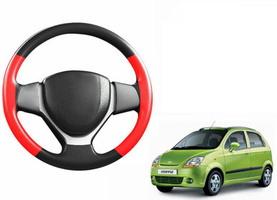 CARIZO Hand Stiched Steering Cover For Chevrolet Spark(Black, Red, Leatherite)
