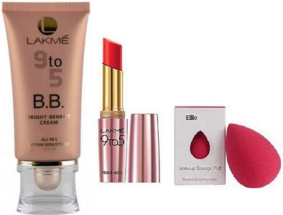 

ellie Sponge puff & Lakme 9to5 BB Bright Benefit Cream, Primer Matte Lipstick(Set of 3)