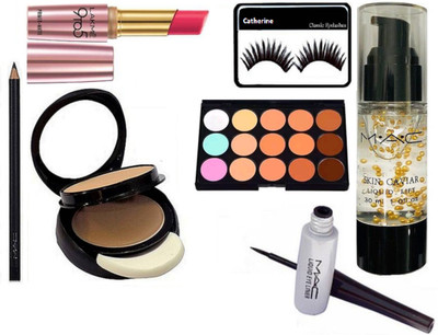 

catherine eyelashes with mac 15 Shade Concealer Palette & two way compact & skin caviar Primer & lakme 9 to 5 Matte finish Lipstick & liquid last eyeliner & pencil kaj.(Set of 7)
