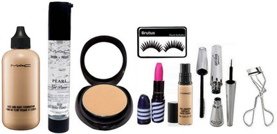 

BRUTUS Eyelashes, Mac Face and body Foundation, Pro Long Wear Concealer, Finish Matte Lipstick, Brook Candy Eyeliner & Mascara , Prep+prime Pearl primer, Compact, Curler(Set of 9)