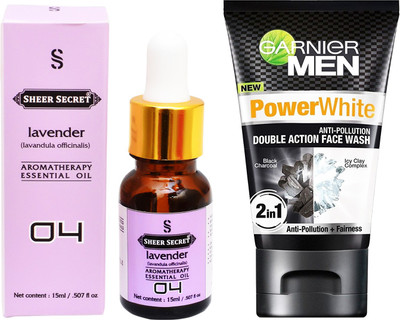 

SHEER SECRET AROMATHERAPY LAVENDER ESSENTIAL OIL 15ML with GARNIER MEN'S DOUBLE ACTION FACEWASH 100ML(Set of 2)