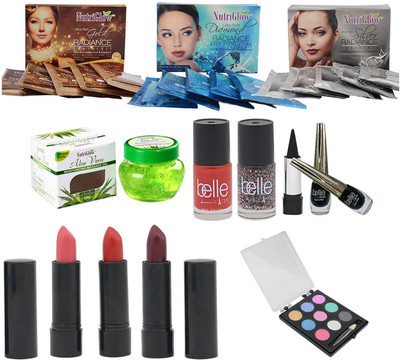 

NutriGlow SET OF SKIN RADIANCE ( 1 GOLD + 1 DIAMOND + 1 SILVER ) FACIAL KITS + 1 ALOE VERA GEL + 3 LIPSTICKS + 2 BELLE PARIS NAIL PAINTS + 2 EYE LINERS + 1 KAJAL + 1 (5-IN1) COMPACT(Set of 1)