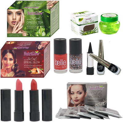 

NutriGlow SET OF FACIAL KITS ( 1 GREEN TEA + 1 BRIDAL GLOW + 1 SILVER ) + 2 BELLE PARIS NAIL PAINTS + 2 LIPSTICKS + 2 BELLE PARIS EYE LINERS + 1 KAJAL + 1 ALOE VERA GEL(Set of 1)