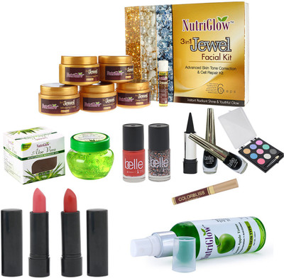 

NutriGlow SET OF 1 (3-IN-1) JEWEL FACIAL KIT + 1 ALOE VERA GEL + 2 LIPSTICKS + 2 BELLE PARIS NAIL PAINTS + 2 BELLE PARIS EYE LINERS + 1 KAJAL + 1 EYE SHADOW + 1 SINDOOR + 1 GREEN APPLE TONER(Set of 12)