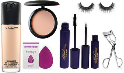 

importedd Sponge Puff & Matchmaster Foundation & Mac Compact & Padma Eyeliner & Mascara & Curler & Eyelashes(Set of 7)
