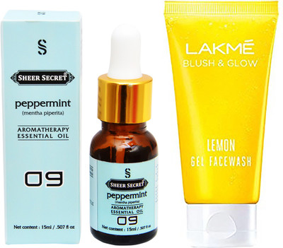 

SHEER SECRET AROMATHERAPY PEPPERMINT ESSENTIAL OIL 15ML with LAKME BLUSH & GLOW LEMON GEL FACEWASH 100ML(Set of 2)