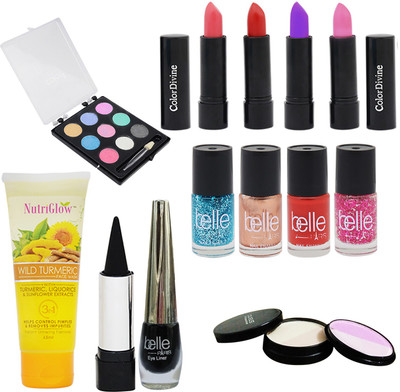 

NutriGlow Set of 1 Wild Turmeric Face Wash + 1 Eye Shadow + 1 Eye Liner + 1 5-IN-1 Compact + 1 Kajal + 4 Lipsticks + 4 Nail Paints(Set of 1)