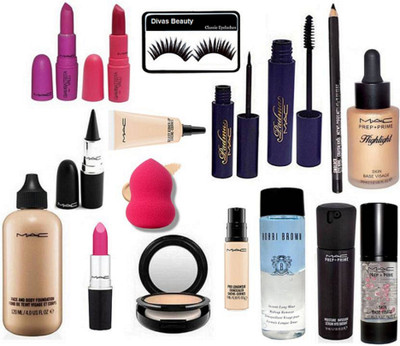 

divas beauty Eyelashes, Mac Face And Beauty Foundation,pro Longwear Concealer,select Cover-up,candy Yum-yum Lipstick,gaimbattista Lipstick2, Studio Fix Compact,padma Eyeliner,mascara,kajal,serum, Face Primer,Highlighter & Bobbi Brown Liquid Makeup Remover