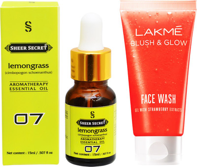 

SHEER SECRET AROMATHERAPY LEMONGRASS ESSENTIAL OIL 15ML with LAKME BLUSH & GLOW STRAWBERRY GEL FACEWASH 100ML(Set of 2)