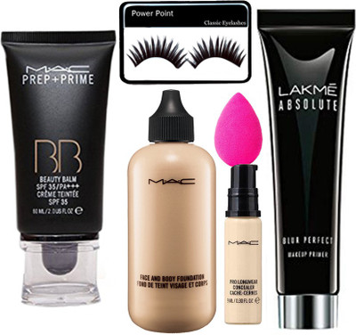 

power point Eyelashes&Mac Face&Body Foundation&Mac Pro Long Wear Concealer&Lakme Absolute Blur Perfect Makeup Primer&Sponge Puff&Mac BB Beauty Balm(Set of 6)