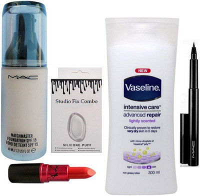 

studio fix combo Silicon Puff & Matchmaster Foundation & vesline body lotion & Lady Gaga Lipstick & Pen Eyeliner(Set of 6)