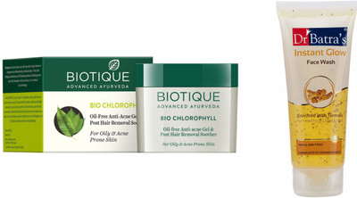 

Biotique Bio Chlorophyll Oil Free Anti-Acne Gel & Post Hair Removal Soother For Oily & Acne Prone Skin 50-GM & Dr Batra's Instant Glow Face Wash-100gm(Set of 1)