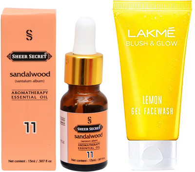 

SHEER SECRET AROMATHERAPY SANDALWOOD ESSENTIAL OIL 15ML with LAKME BLUSH & GLOW LEMON GEL FACEWASH 100ML(Set of 2)