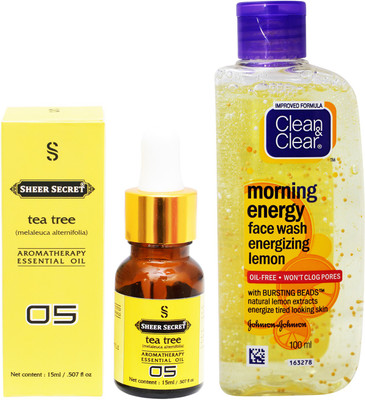 

SHEER SECRET AROMATHERAPY TEA TREE ESSENTIAL OIL 15ML with CLEAN & CLEAR MORNING ENERGY LEMON FACEWASH 100ML(Set of 2)