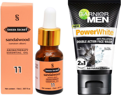 

SHEER SECRET AROMATHERAPY SANDALWOOD ESSENTIAL OIL 15ML with GARNIER MEN'S DOUBLE ACTION FACEWASH 100ML(Set of 2)