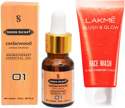 

SHEER SECRET AROMATHERAPY CEDARWOOD ESSENTIAL OIL 15ML with LAKME BLUSH & GLOW STRAWBERRY GEL FACEWASH 100ML(Set of 2)