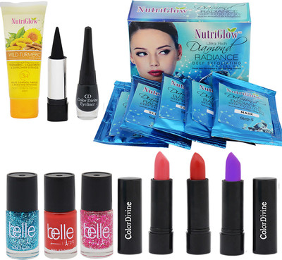 

NutriGlow Set of 1 Diamond Radiance Facial Kit (55g) + 1 wild turmeric face wash (65ml) + 3 color lipsticks + 3 nails paints + 1 color eyeliner + 1 kajal(Set of 1)