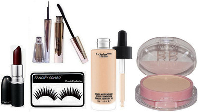 

FANCIFY COMBO Eyelashes, mac lipstick , studio Waterweight foundation , Maybelline compact, Brook Candy Liner Mascara(Set of 6)