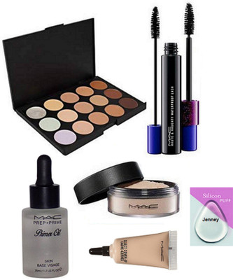 

Jenney Silicone puff & Mac 15 Shades Concealer Palette & Prep+Prime Primer Oil & Loose Powder & Select Cover Up Concealer & Haute Naughty Double Effect Mascara(Set of 6)