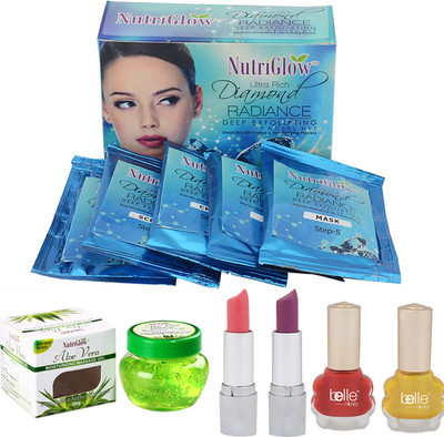 

NutriGlow SET OF 1 DIAMOND RADIANCE FACIAL KIT + 1 ALOE VERA GEL + 2 NAIL PAINTS + 2 LIPSTICKS(Set of 6)