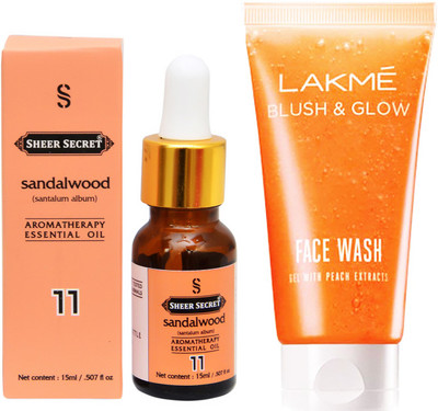 

SHEER SECRET AROMATHERAPY SANDALWOOD ESSENTIAL OIL 15ML with LAKME BLUSH & GLOW PEACH GEL FACEWASH 100ML(Set of 2)