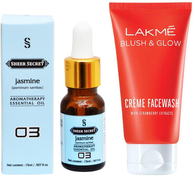 

SHEER SECRET AROMATHERAPY JASMINE ESSENTIAL OIL 15ML with LAKME BLUSH & GLOW STRAWBERRY CREME FACEWASH 100ML(Set of 2)