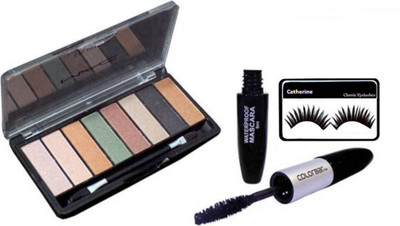 

catherine eyelashes , 8 shades eyeshadow palette with colorbar liquid eyeliner and mascara two in one(Set of 3)