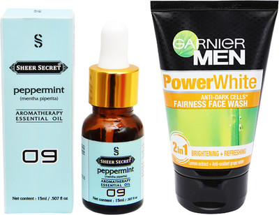 

SHEER SECRET AROMATHERAPY PEPPERMINT ESSENTIAL OIL 15ML with GARNIER MEN'S POWER WHITE FACEWASH 100ML(Set of 2)