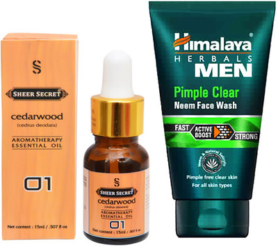 SHEER SECRET AROMATHERAPY CEDARWOOD ESSENTIAL OIL 15ML with HIMALAYA MEN'S PIMPLE CLEAR FACEWASH 100ML(Set of 2)