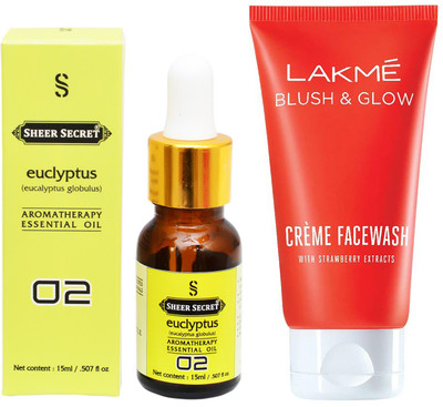 

SHEER SECRET AROMATHERAPY EUCLYPTUS ESSENTIAL OIL 15ML with LAKME BLUSH & GLOW STRAWBERRY CREME FACEWASH 100ML(Set of 2)