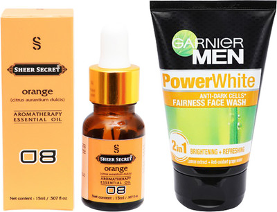 

SHEER SECRET AROMATHERAPY ORANGE ESSENTIAL OIL 15ML with GARNIER MEN'S POWER WHITE FACEWASH 100ML(Set of 2)