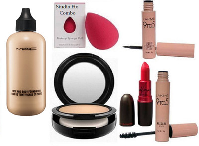 

studio fix combo Sponge Puff & Face And Body Foundation & MAc Compact & Lady Gaga Lipstick & Lakme 9 To 5 Eyeliner & Mascara(Set of 6)