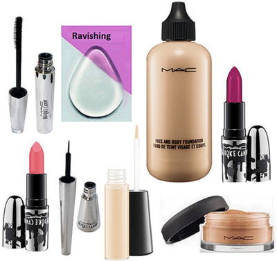 

ravishing silicon Puff , Mac Face & Body Foundation,Brooke Candy Lipstick Set Of 2 , Mascara,Eyeliner,Loose Powder With Mineralize Concealer(Set of 8)