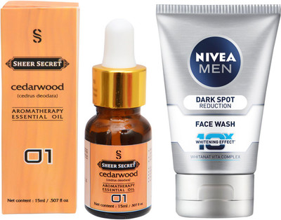 

SHEER SECRET AROMATHERAPY CEDARWOOD ESSENTIAL OIL 15ML with NIVEA DARK SPOT REDUCTION FACEWASH 100ML(Set of 2)