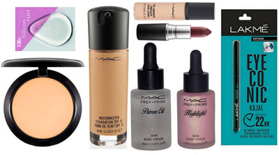 

Ellie Silicon Puff,Mac Match Master Foundation & Studio Fix Compact & MAtte Finish Cyber Lipstick & Mac Prep+Prime Primer Oil & Highlight & Pro Longwear Concealer,Eyeconic Kajal(Set of 8)