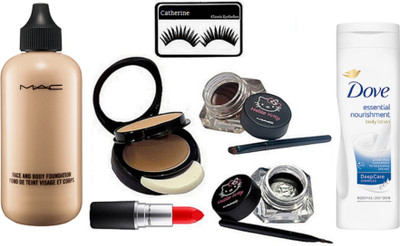 

catherine Eyelashes, Mac Two Way Compact, Hello Kitty Two Eyeliner, Matte Finish Lipstick, Face & Body Foundation, dove essential nourishment body lotion(Set of 6)