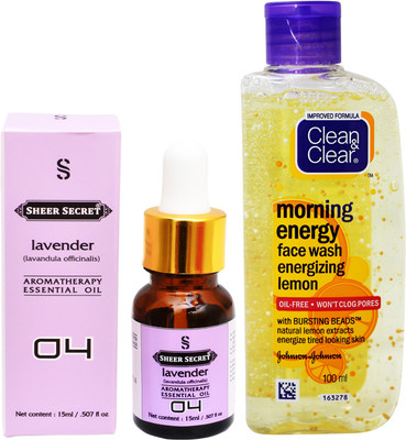 

SHEER SECRET AROMATHERAPY LAVENDER ESSENTIAL OIL 15ML with CLEAN & CLEAR MORNING ENERGY LEMON FACEWASH 100ML(Set of 2)