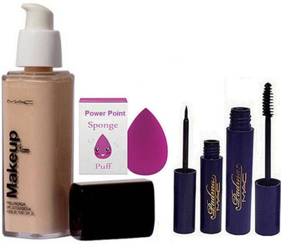 

power point Sponge Puff & Makeup Pro LOngwear Foundation &Padma Eyeliner & Mascara(Set of 4)