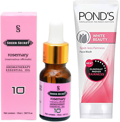 

SHEER SECRET AROMATHERAPY ROSEMARY ESSENTIAL OIL 15ML with POND'S WHITE BEAUTY FACEWASH 100ML(Set of 2)