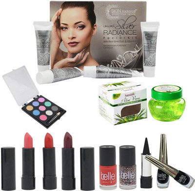 

NutriGlow SET OF 1 SKIN RADIANCE SILVER RADIANCE FACIAL KIT + 1 ALOE VERA GEL + 1 EYE SHADOW + 1 KAJAL+ 2 EYE LINERS + 3 LIPSTICKS + 2 Belle Paris NAIL PAINTS(Set of 1)