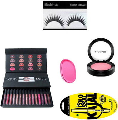 

blushinsta combo set of eyelashes shades kajal compact powder silicon puff(Set of 5)