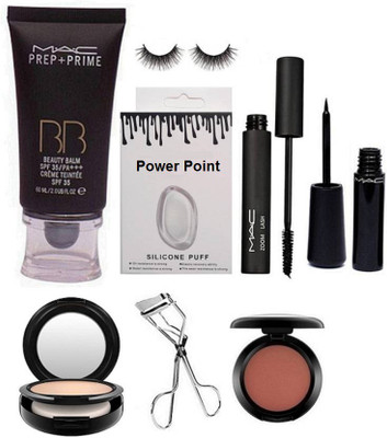 

power point Silicon Puff & Mac Prep+Prime BB Beauty Foundation & Zoom Lash Mascara & Eyeliner & Eyelashes & Curler & Blusher & Compact(Set of 8)