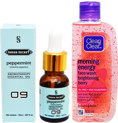 

SHEER SECRET AROMATHERAPY PEPPERMINT ESSENTIAL OIL 15ML with CLEAN & CLEAR MORNING ENERGY BERRY FACEWASH 100ML(Set of 2)