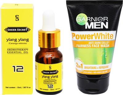 

SHEER SECRET AROMATHERAPY YLANG YLANG ESSENTIAL OIL 15ML with GARNIER MEN'S POWER WHITE FACEWASH 100ML(Set of 2)