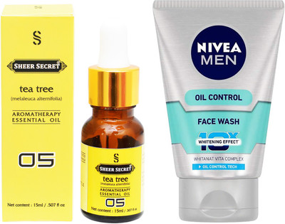 

SHEER SECRET AROMATHERAPY TEA TREE ESSENTIAL OIL 15ML with NIVEA OIL CONTROL FACEWASH 100ML(Set of 2)