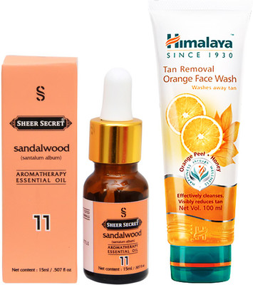 

SHEER SECRET AROMATHERAPY SANDALWOOD ESSENTIAL OIL 15ML with HIMALAYA TAN REMOVAL ORANGE FACEWASH 100ML(Set of 2)