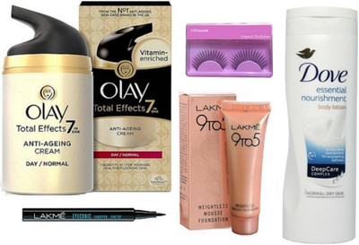 

Ultimate Eeyelashes&Olay Total Effects 7-in-1 Anti Aging Day Skin Cream, Normal,Lakme 9 To 5 Weightless Mousse Foundation 6gm & Eyeconic Pen Eyeliner & Dove Essential nourishment Body Lotion(Set of 5)