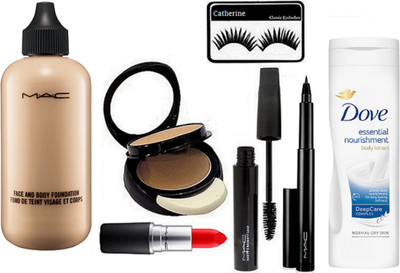 

catherine Eyelashes, Mac Two Way Compact, Matte Finish Lipstick, Face & Body Foundation, dove essential nourishment body lotion, pen eyeliner, haute & naughty mascara(Set of 7)