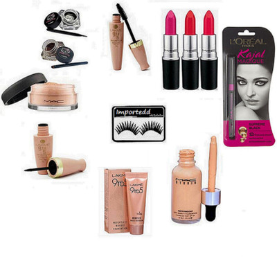 

importedd Eyelashas, Mac Hello Kitty Eyeliner, Studio Waterweight Foundation, Loos Powder, Lipstick, Lekme 9to5 Eyeliner, Mascara, Mousse Foundation(Set of 10)