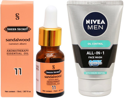 

SHEER SECRET AROMATHERAPY SANDALWOOD ESSENTIAL OIL 15ML with NIVEA ALL IN 1 FACEWASH 100ML(Set of 2)
